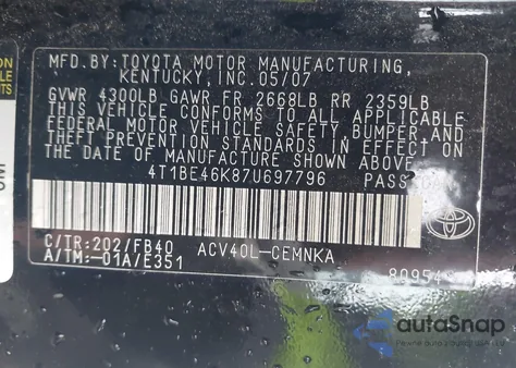 2007 Toyota Camry Ce из США, поврежденный, VIN 4T1BE46K87U697796